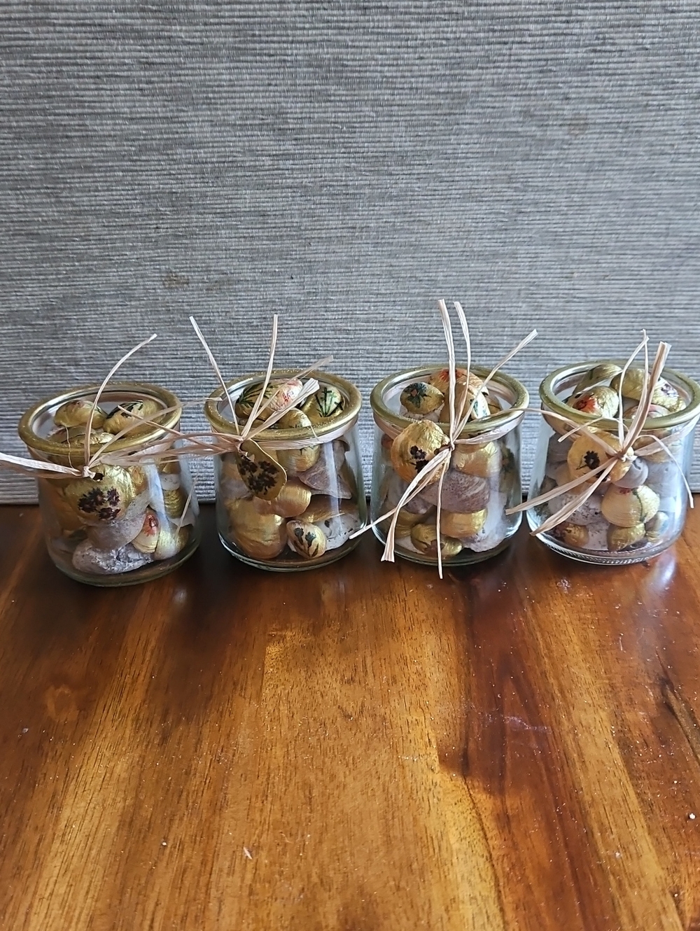 Glass Jars w/ Painted Gold & Natural Shells. Decopaged Flower Designs. Qty 4